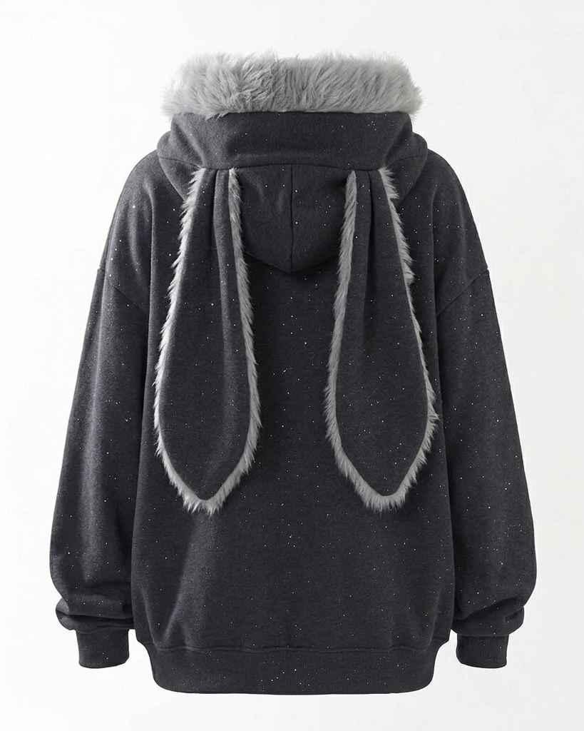 Dark grey bunny-ear zip hoodie, back view with fur-trimmed ears