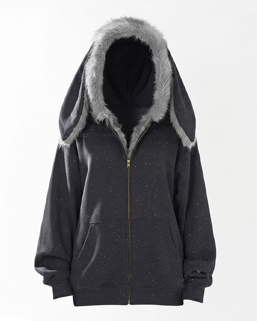 Dark grey sparkle fleece zip hoodie with bunny ears, front view