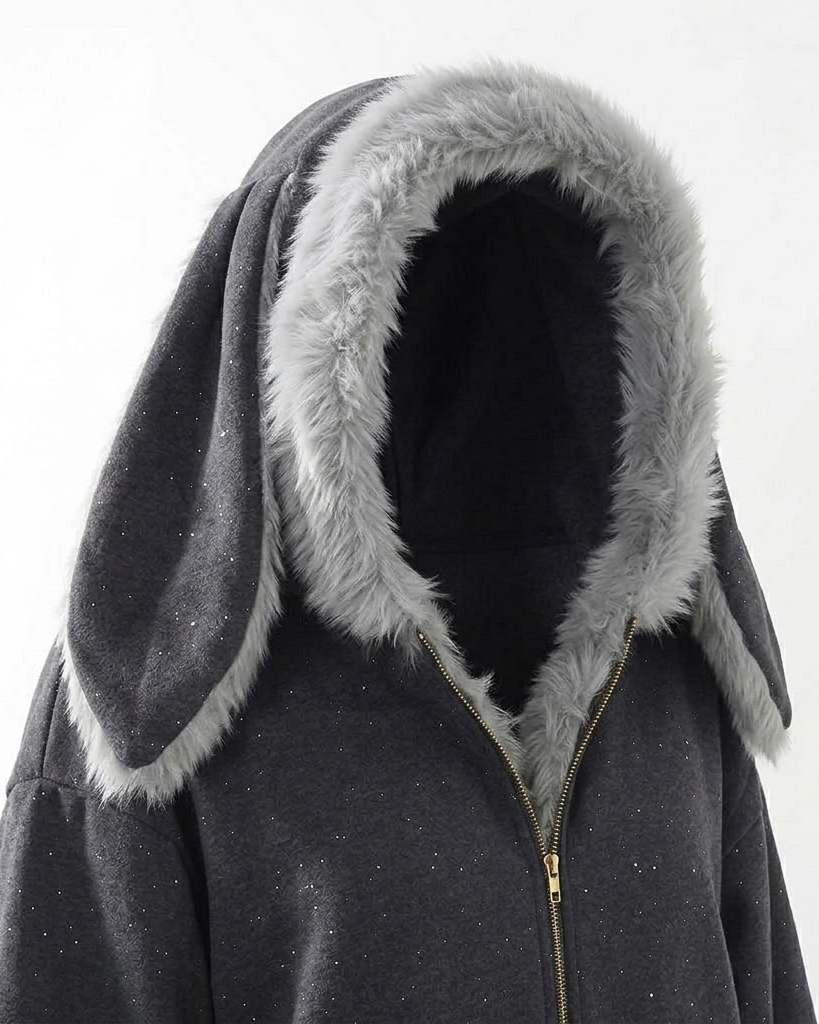 Close-up of the dark grey bunny-ear hoodie fur-lined hood and ears