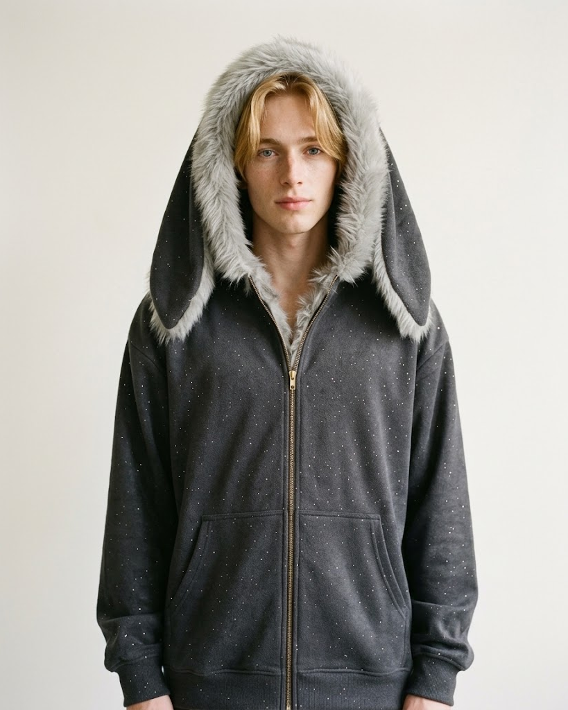 Man wearing the dark grey bunny-ear zip hoodie with the hood up, front view