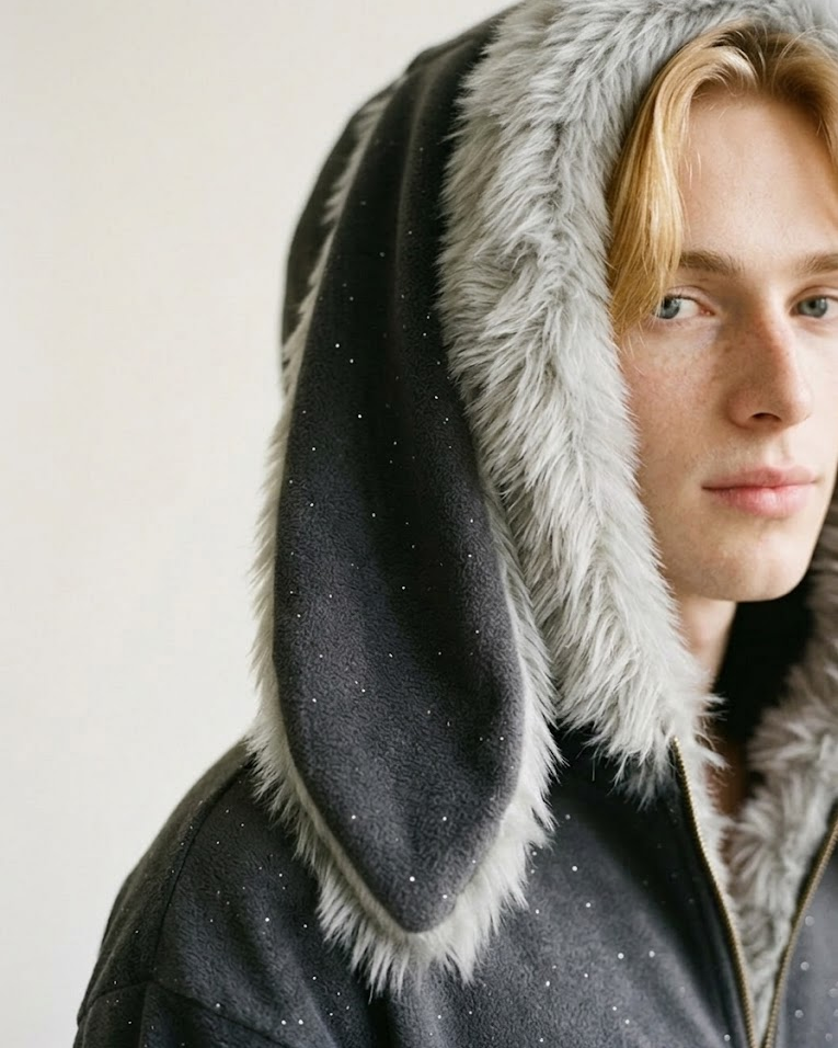 Three-quarter close-up of a man in the dark grey bunny-ear hoodie and drooping ears