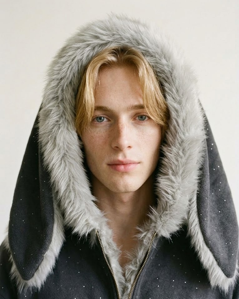 Close-up of a man in the dark grey bunny-ear hoodie with the fur-lined hood up