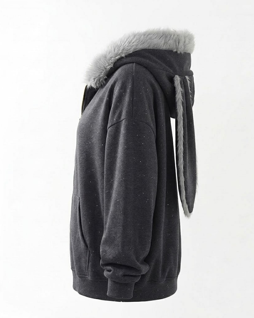 Dark grey bunny-ear zip hoodie, side view showing the drooping ear