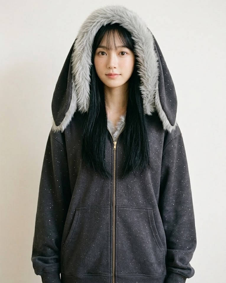 Woman wearing the dark grey bunny-ear zip hoodie with the hood up, front view