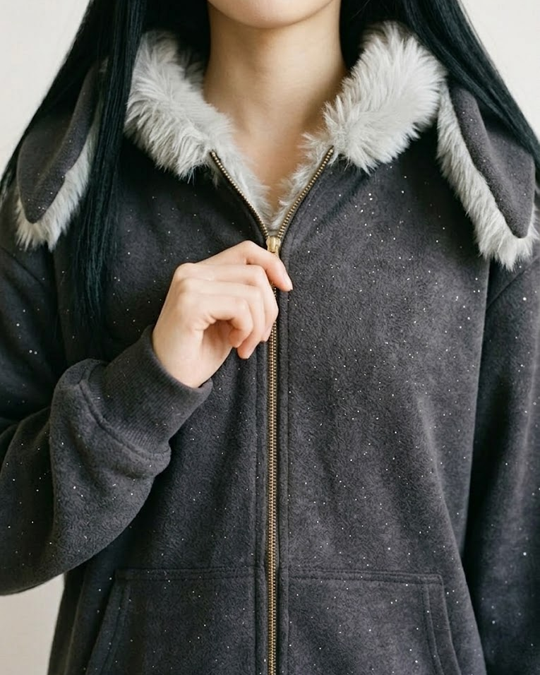 Woman zipping the dark grey bunny-ear hoodie, close-up of the gold zipper and hood fur