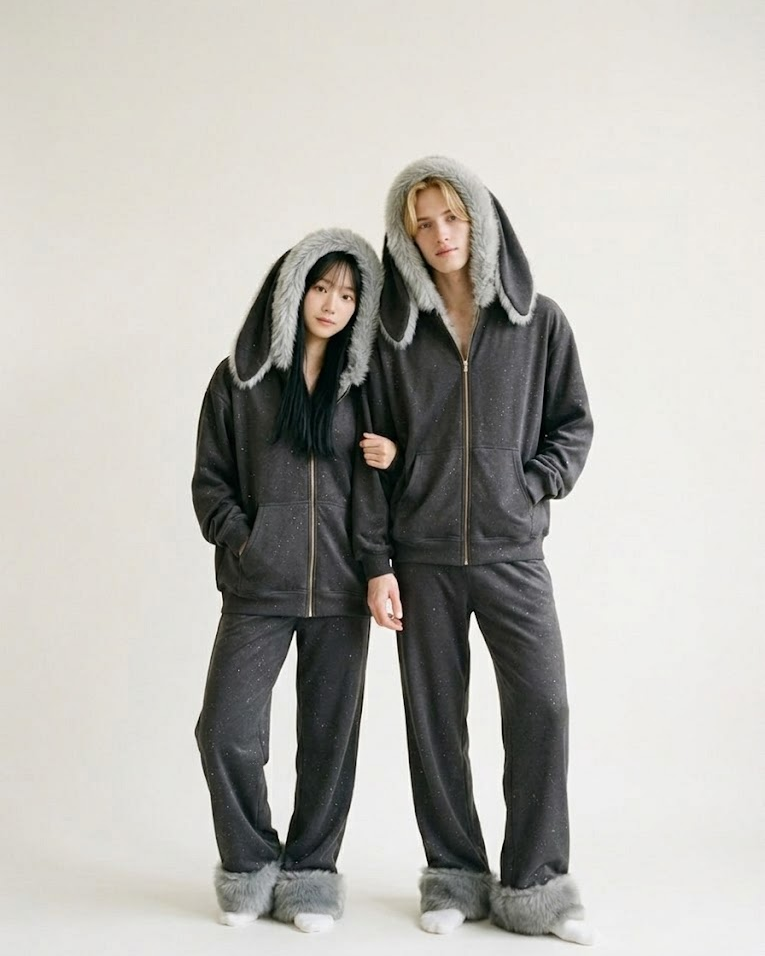 Couple wearing matching dark grey bunny-ear hoodie and pants sets, standing