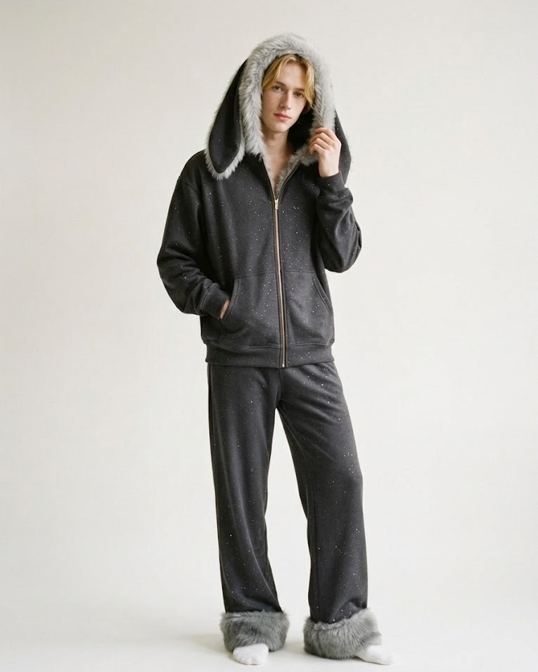 Man wearing the dark grey bunny-ear hoodie and wide-leg fur-cuff pants set, full body