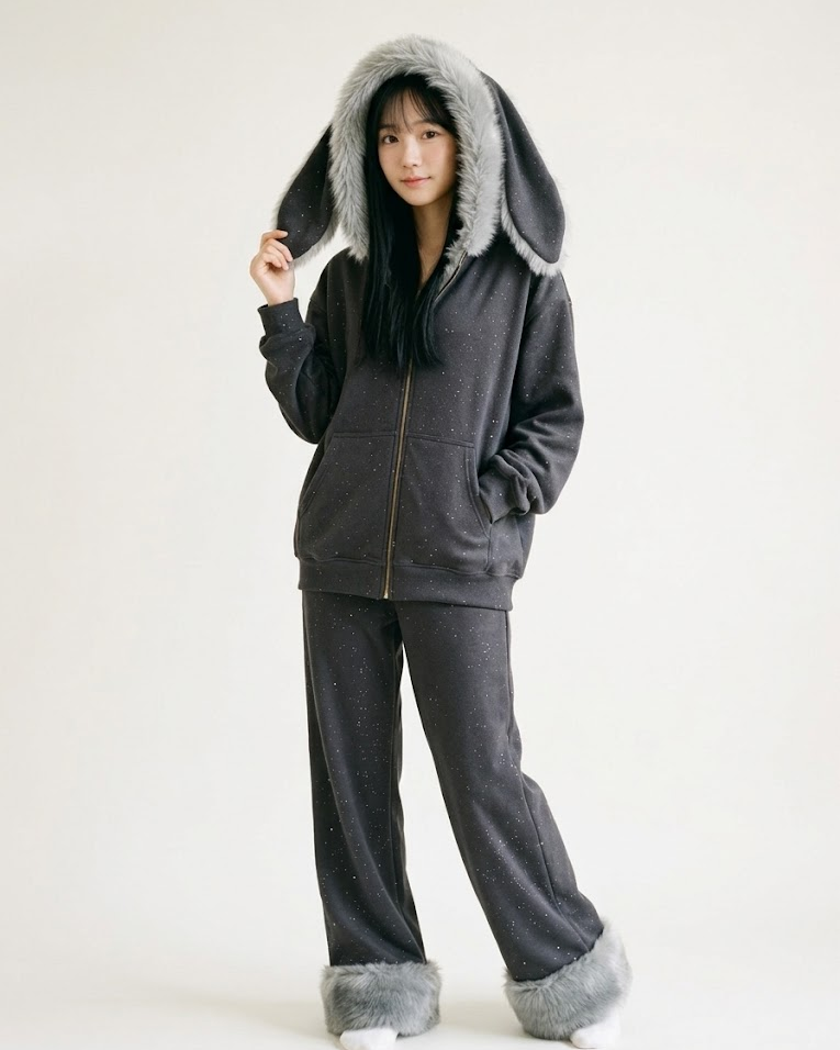 Woman wearing the dark gray bunny-ear sparkle fleece hoodie and pants set