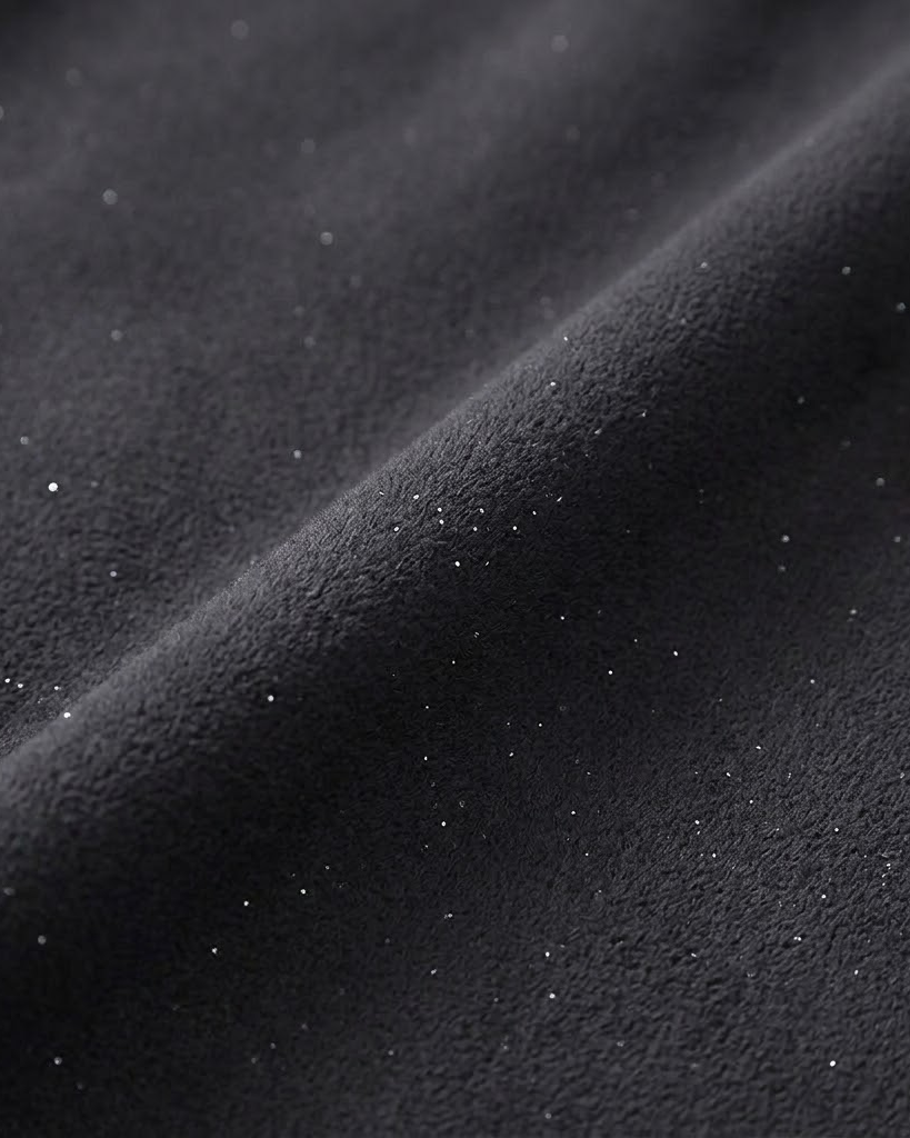 Close-up of grey sparkle fleece fabric with fine metallic flecks