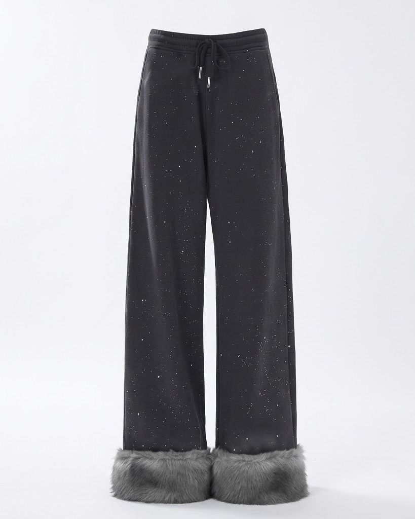 Dark grey wide-leg pants with fur cuffs and drawstring waist, full length