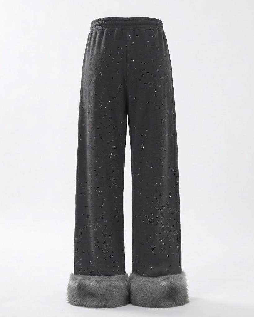 Dark grey wide-leg sparkle fleece pants with fur cuffs, front view