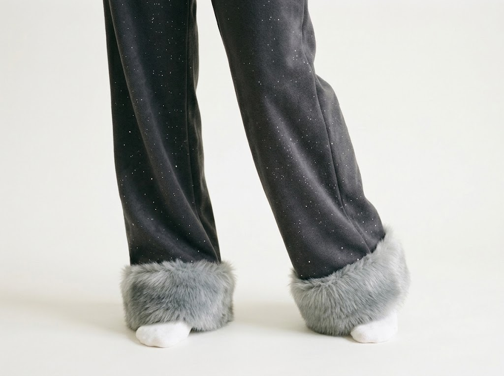 Model wearing the dark grey wide-leg pants, plush fur cuffs over white socks