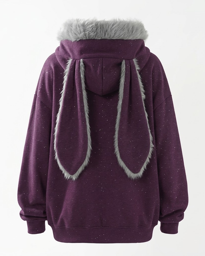 Purple bunny-ear zip hoodie, back view with fur-trimmed ears