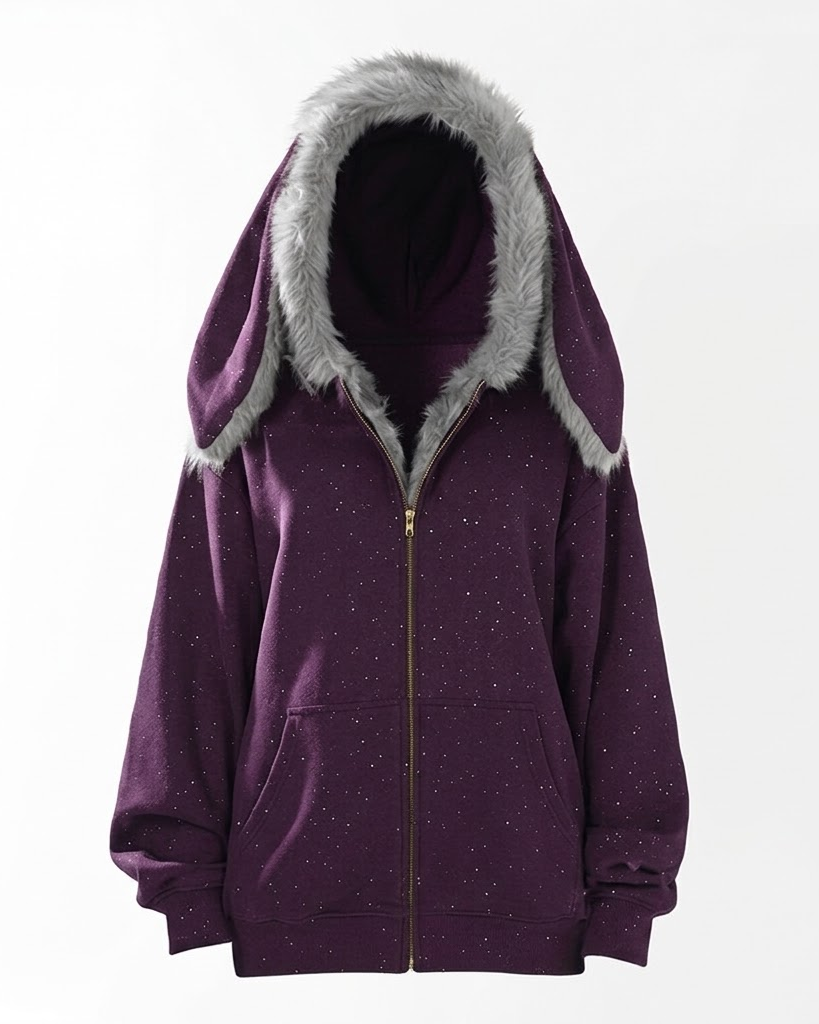Purple sparkle fleece zip hoodie with bunny ears, front view