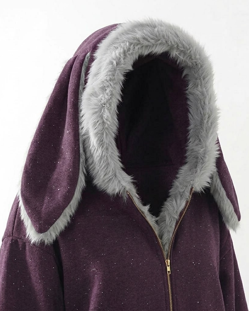 Close-up of the purple bunny-ear hoodie fur-lined hood and ears