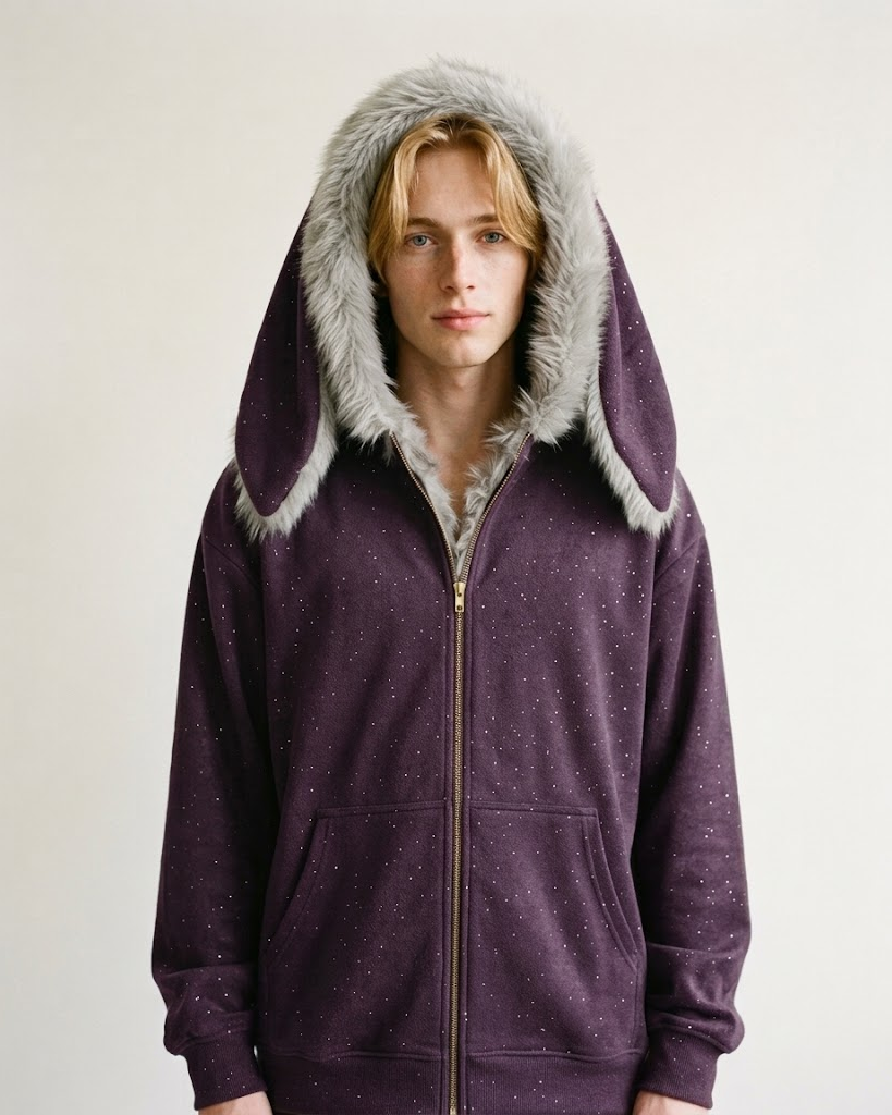 Man wearing the purple bunny-ear zip hoodie with the hood up, front view