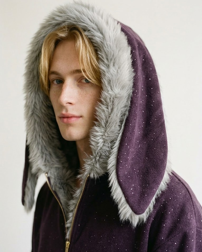 Three-quarter close-up of a man in the purple bunny-ear hoodie and drooping ears
