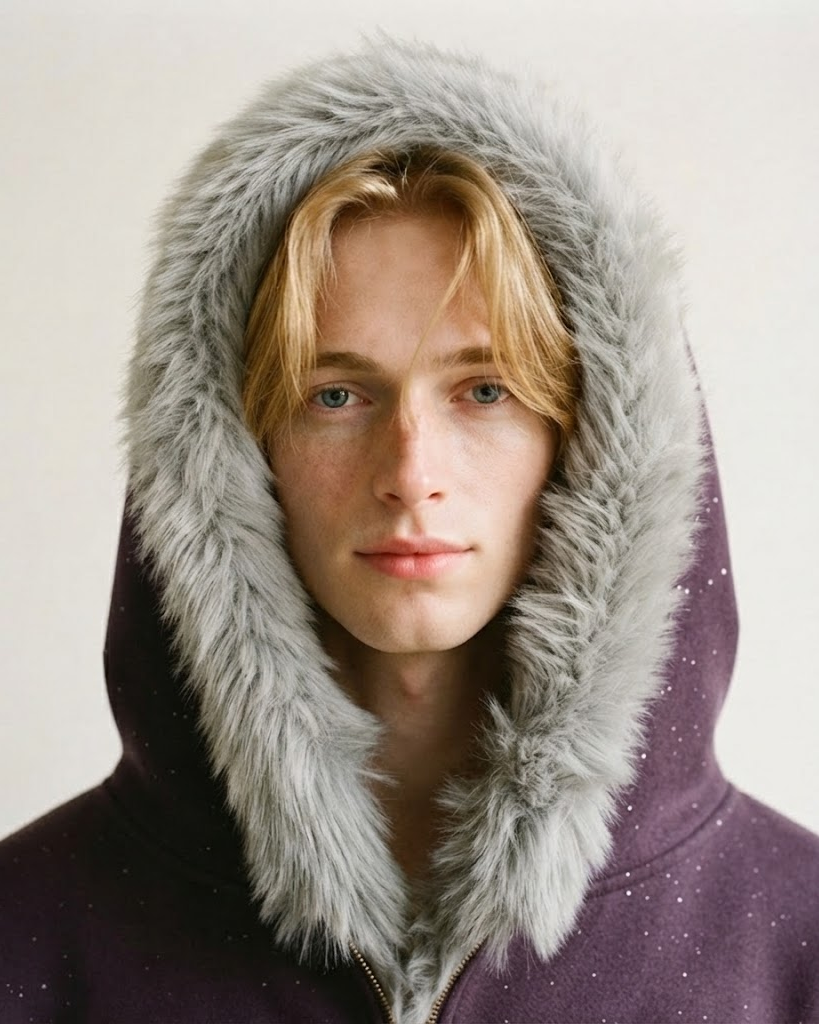 Close-up of a man in the purple bunny-ear hoodie with the fur-lined hood up
