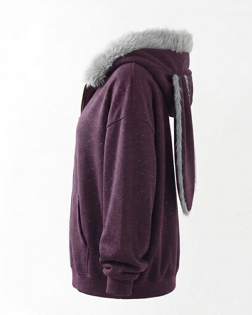 Purple bunny-ear zip hoodie, side view showing the drooping ear