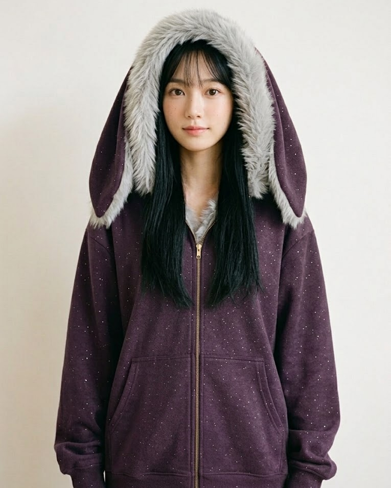 Woman wearing the purple bunny-ear zip hoodie with the hood up, front view
