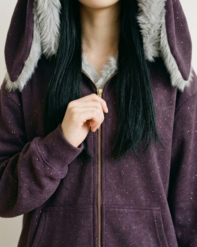 Woman zipping the purple bunny-ear hoodie, close-up of the gold zipper and hood fur
