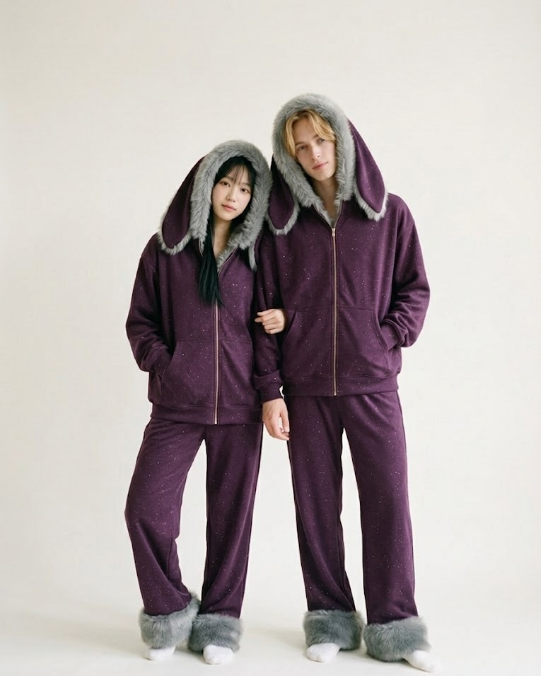 Couple wearing matching purple bunny-ear hoodie and pants sets, standing