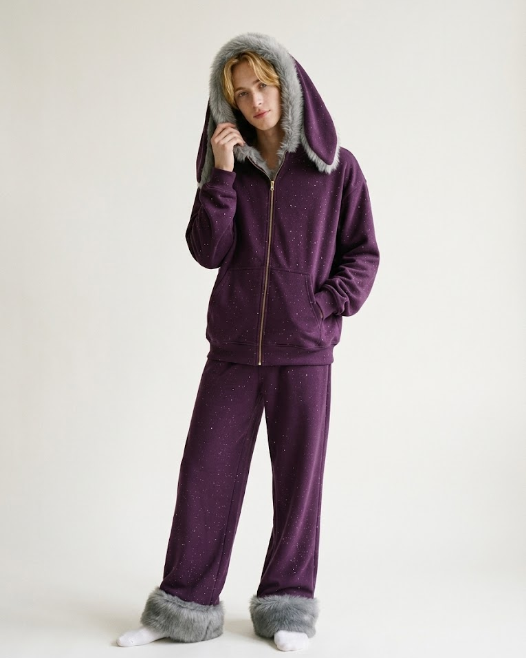 Man wearing the purple bunny-ear hoodie and wide-leg fur-cuff pants set, full body