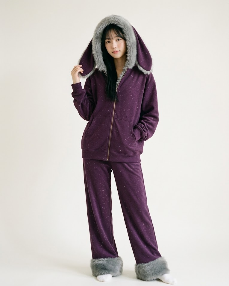 Woman wearing the purple bunny-ear sparkle fleece hoodie and pants set