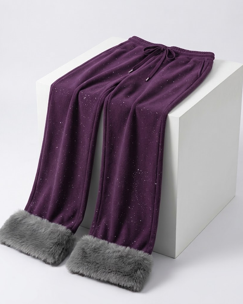 Purple wide-leg fur-cuff pants draped over a white block