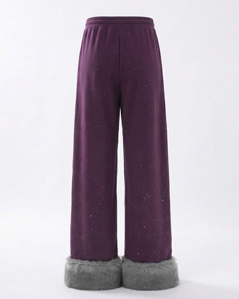 Purple wide-leg sparkle fleece pants with fur cuffs, front view