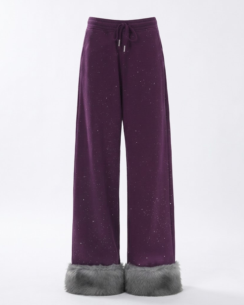 Purple wide-leg pants with fur cuffs and drawstring waist, full length