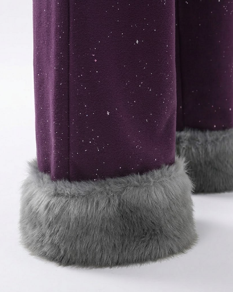 Close-up of the plush fur cuffs on the purple wide-leg pants