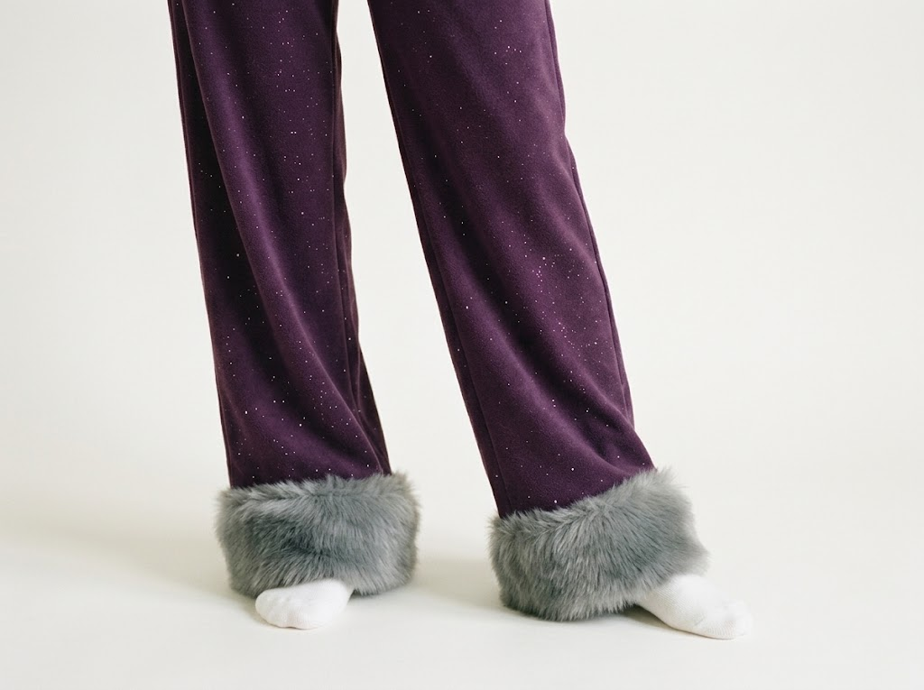 Model wearing the purple wide-leg pants, plush fur cuffs over white socks