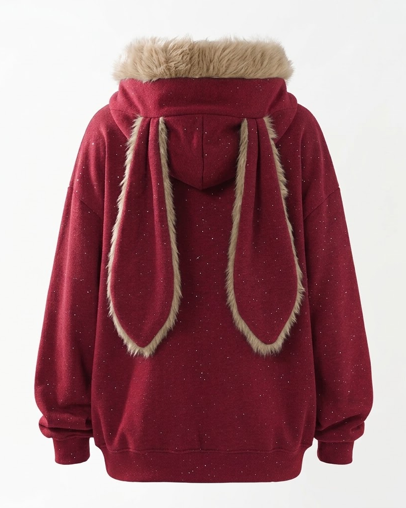 Red bunny-ear zip hoodie, back view with fur-trimmed ears