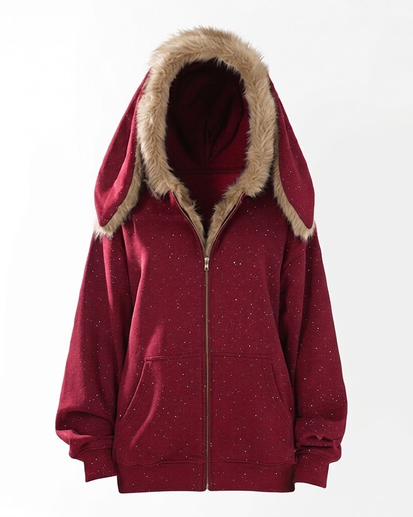 Red sparkle fleece zip hoodie with bunny ears, front view