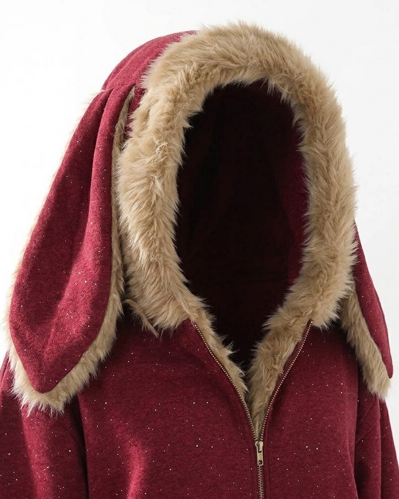 Close-up of the red bunny-ear hoodie fur-lined hood and ears