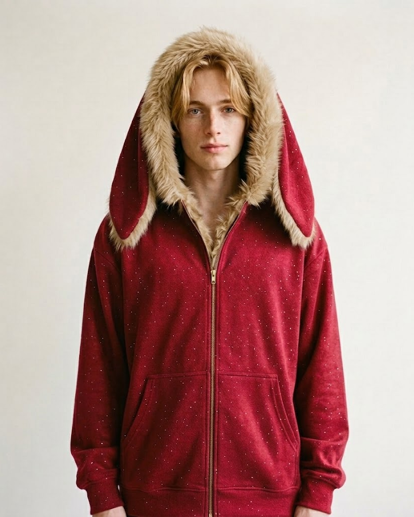 Man wearing the red bunny-ear zip hoodie with the hood up, front view