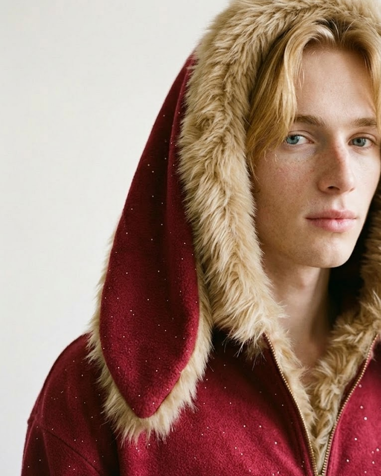 Three-quarter close-up of a man in the red bunny-ear hoodie and drooping ears