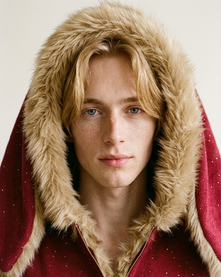 Close-up of a man in the red bunny-ear hoodie with the fur-lined hood up