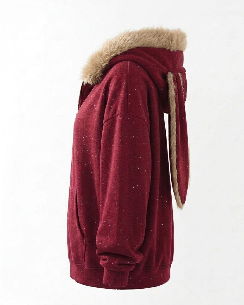 Red bunny-ear zip hoodie, side view showing the drooping ear