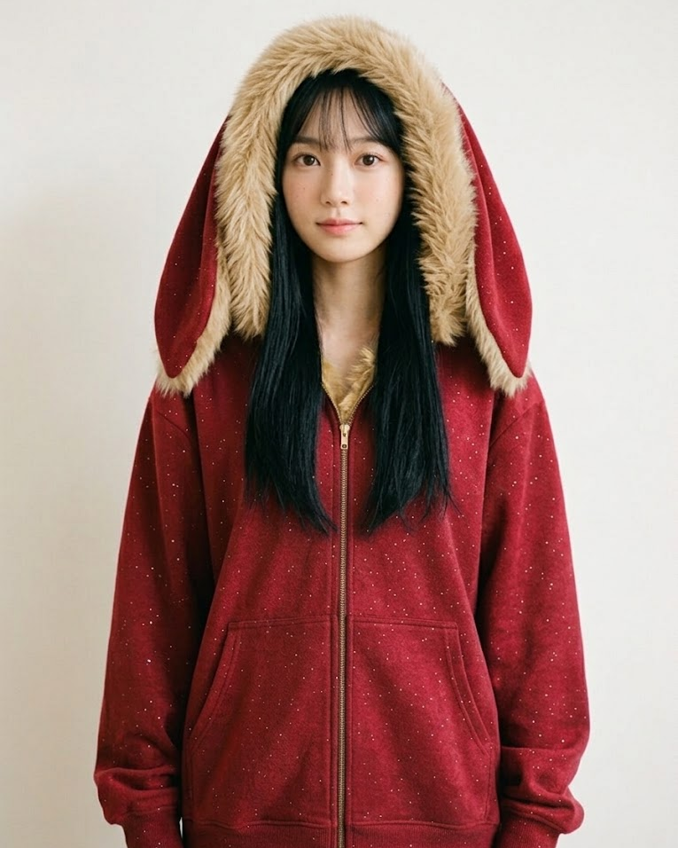 Woman wearing the red bunny-ear zip hoodie with the hood up, front view