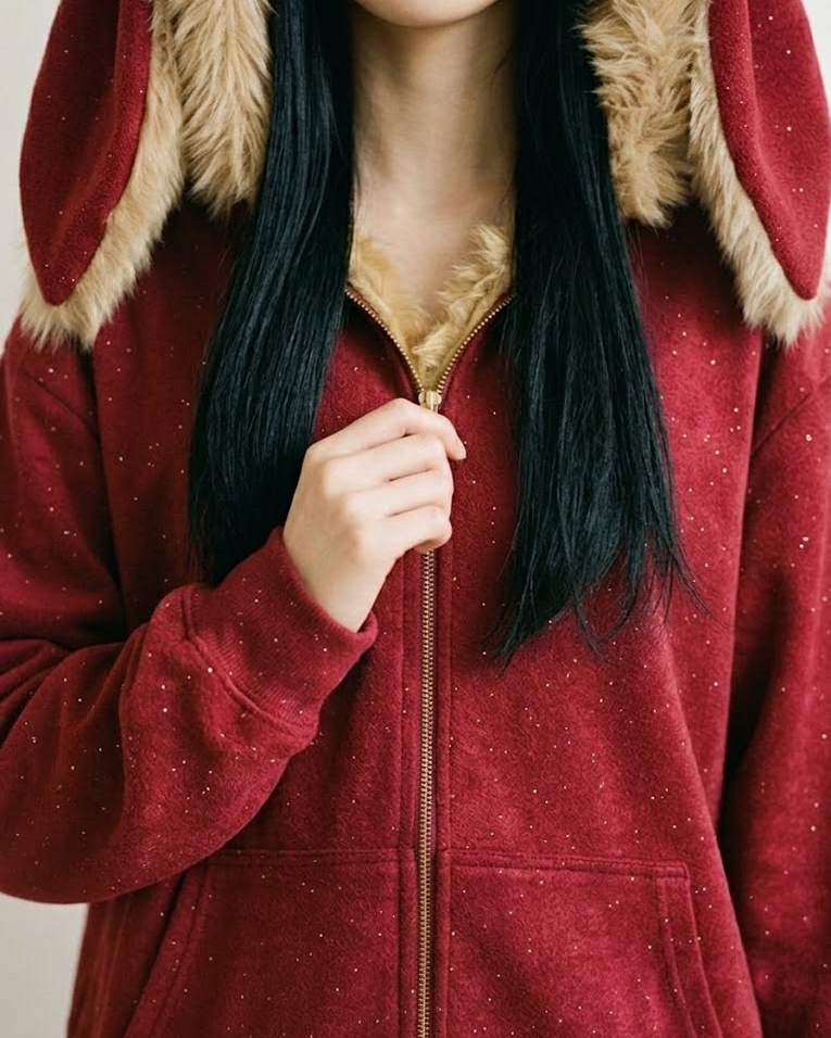 Woman zipping the red bunny-ear hoodie, close-up of the gold zipper and hood fur