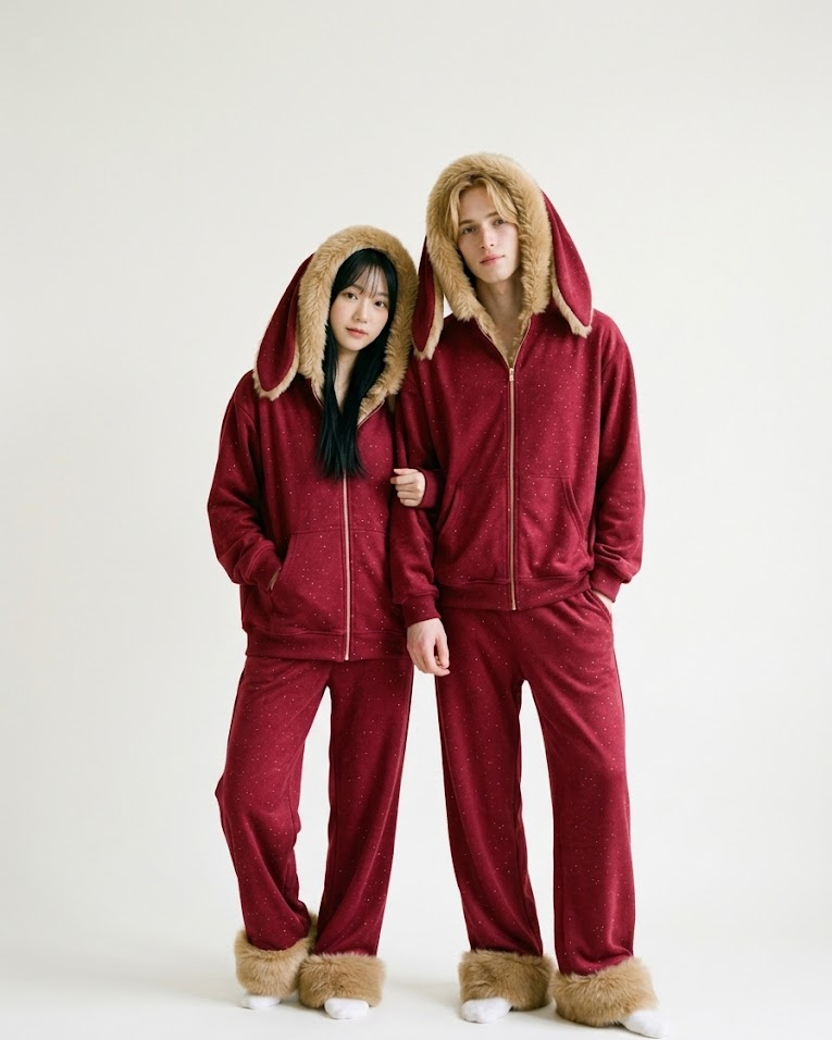 Couple wearing matching red bunny-ear hoodie and pants sets, standing