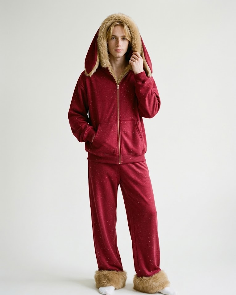 Man wearing the red bunny-ear hoodie and wide-leg fur-cuff pants set, full body