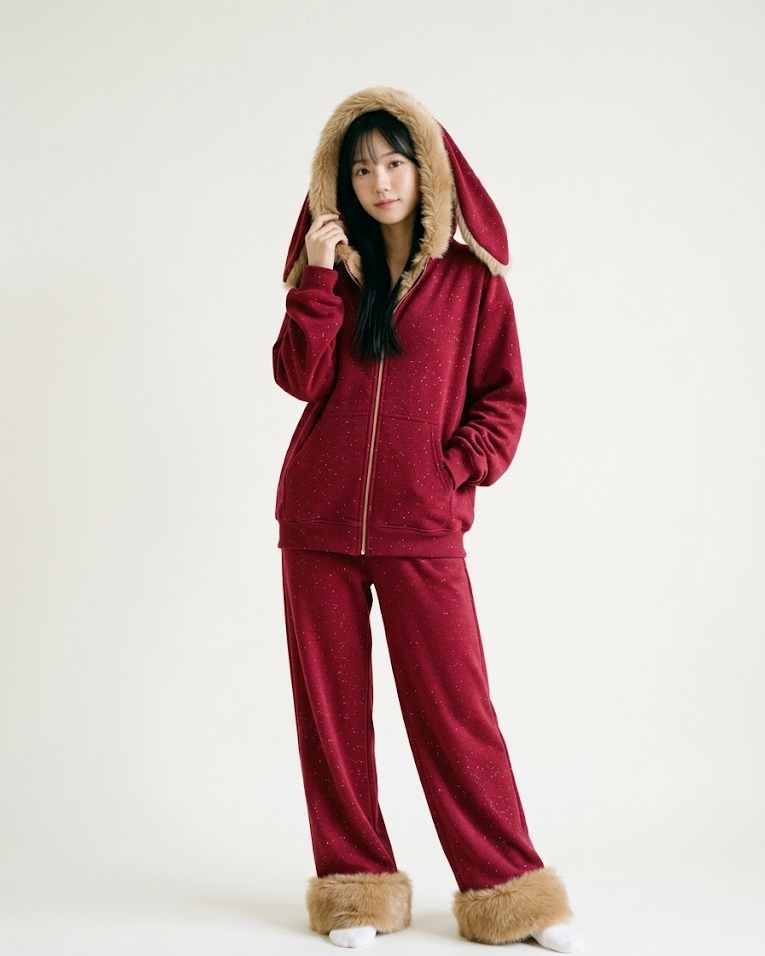 Woman wearing the red bunny-ear sparkle fleece hoodie and pants set