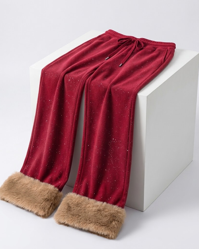Red wide-leg fur-cuff pants draped over a white block