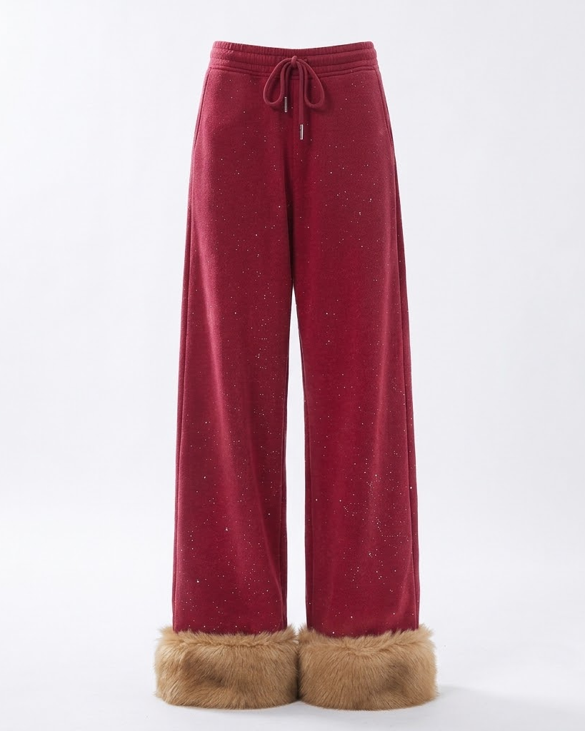 Red wide-leg pants with fur cuffs and drawstring waist, full length