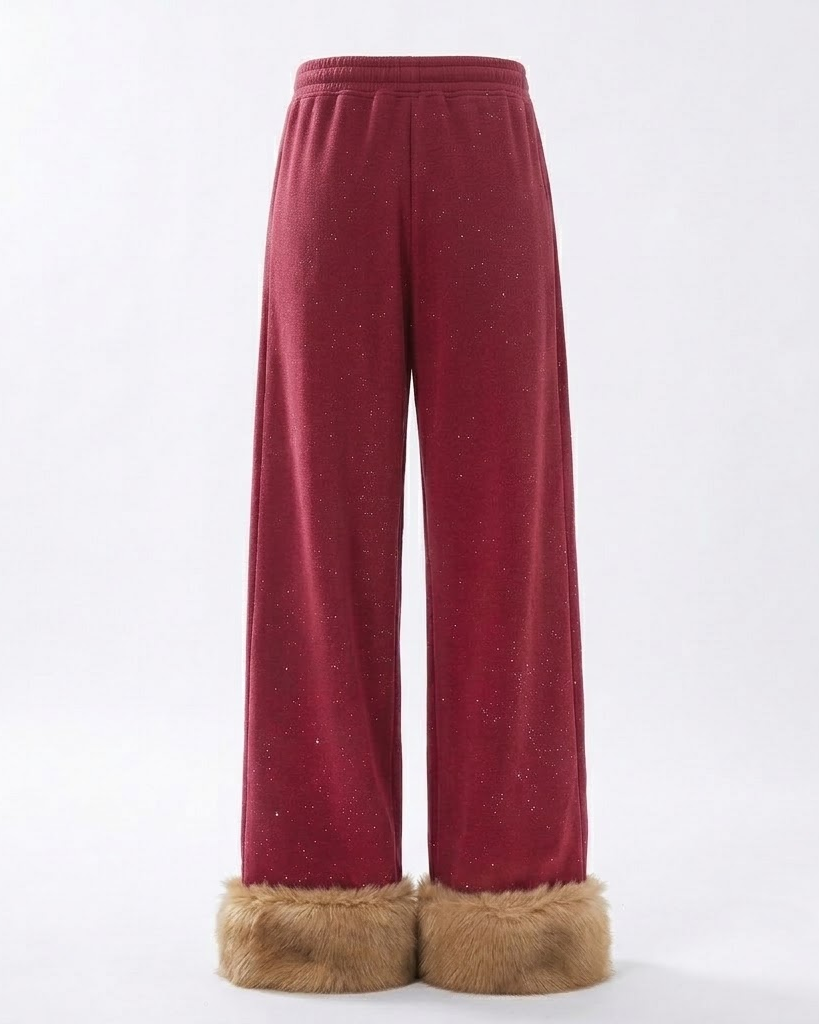 Red wide-leg sparkle fleece pants with fur cuffs, front view