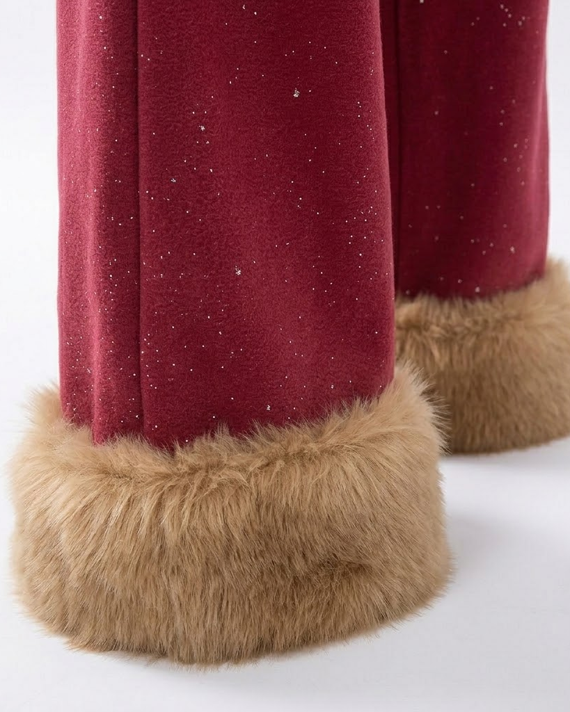 Close-up of the plush fur cuffs on the red wide-leg pants