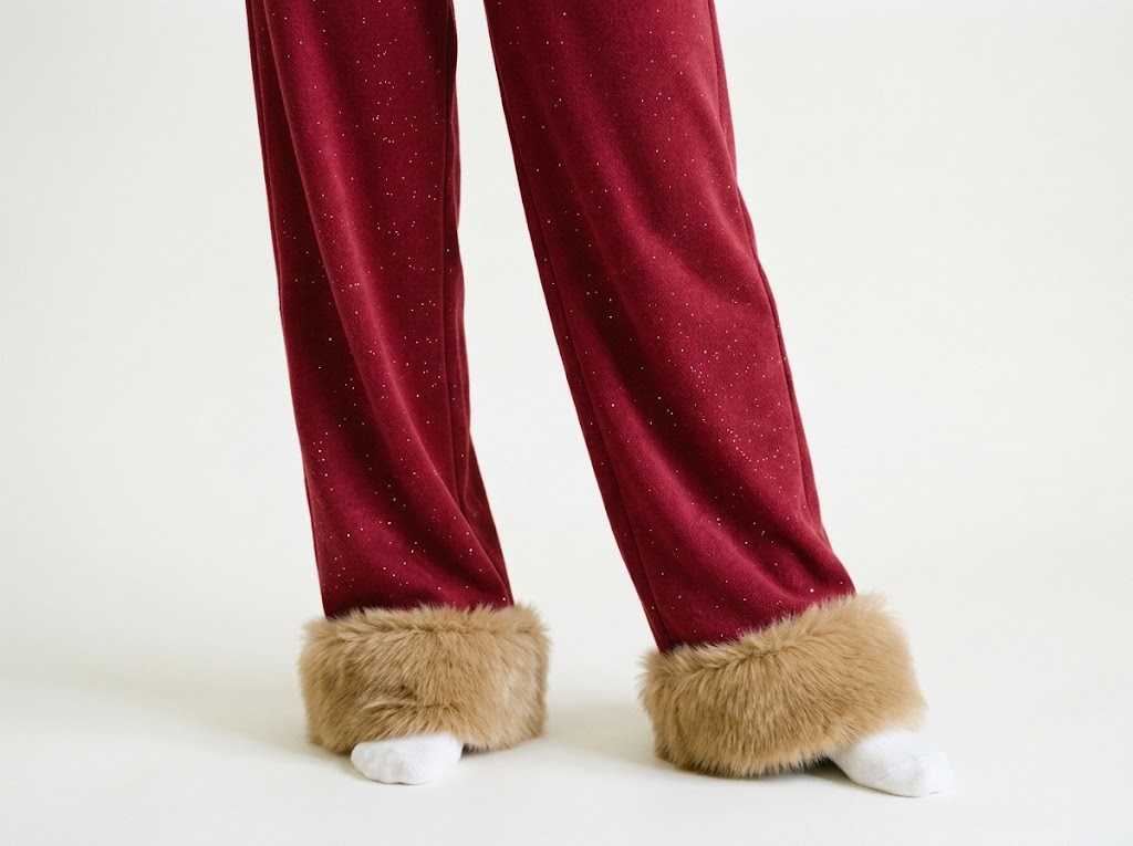 Model wearing the red wide-leg pants, plush fur cuffs over white socks